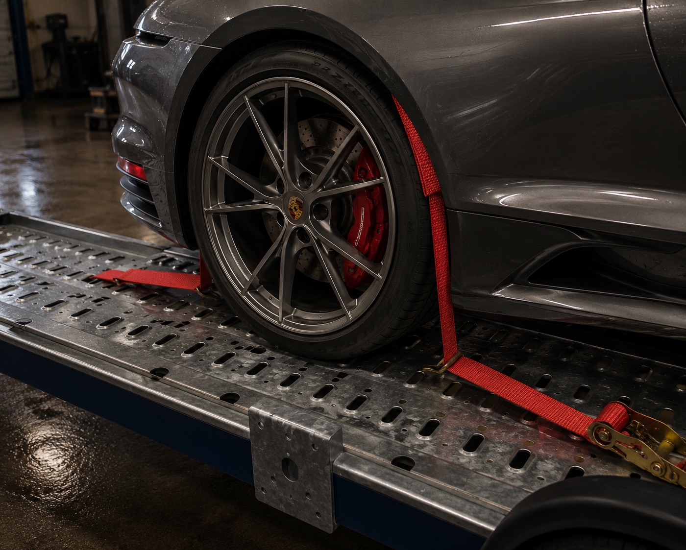 Sangle d'arrimage rouge tendue sur la roue d'une Porsche