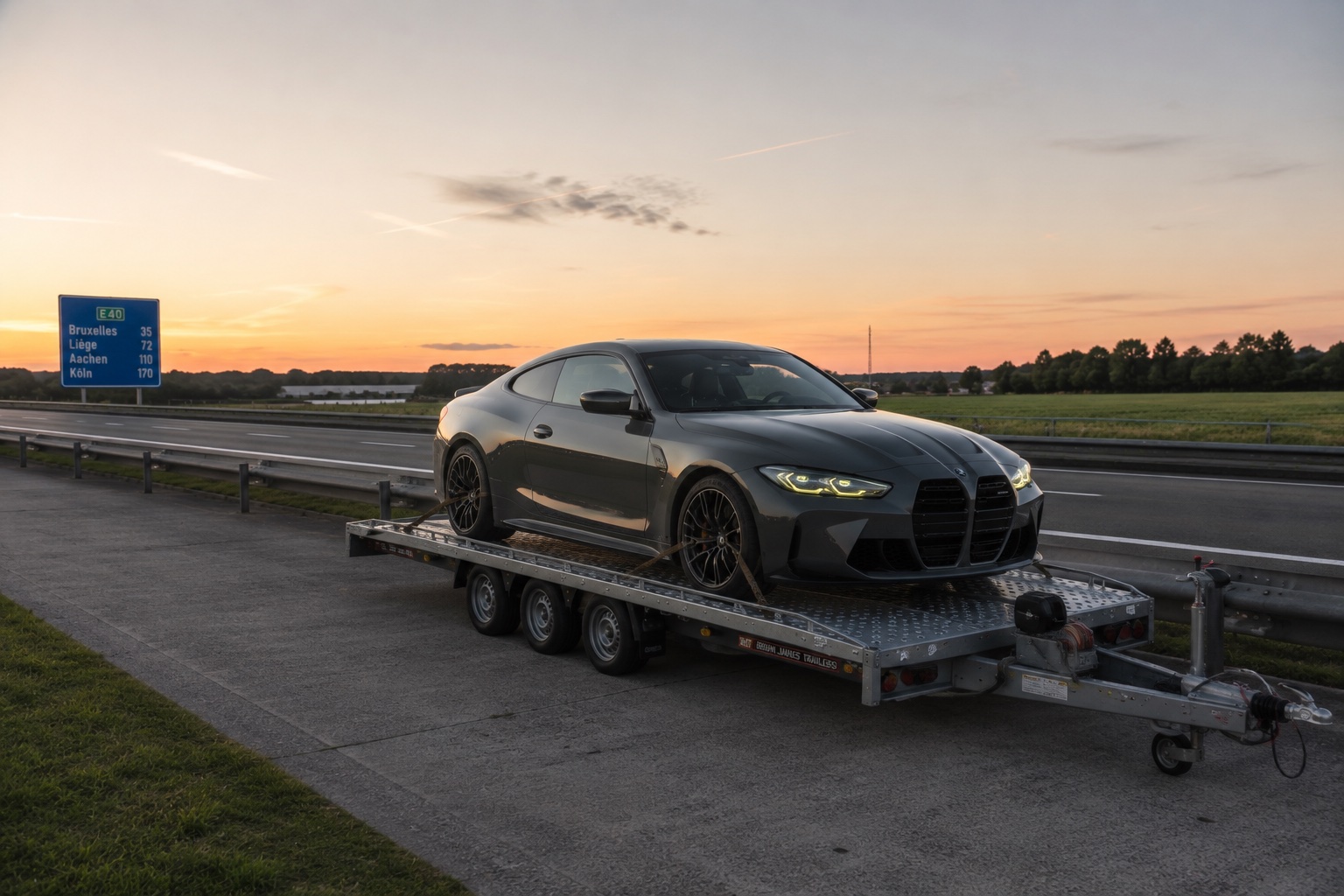 BMW M4 sur le plateau PAT Solutions, sur autoroute au crépuscule