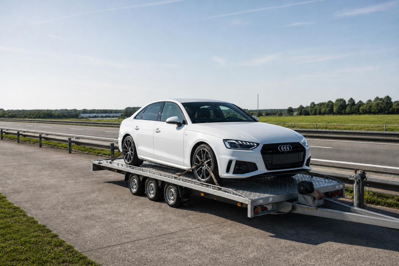 Audi A4 blanche sur remorque pour un import depuis l'Allemagne