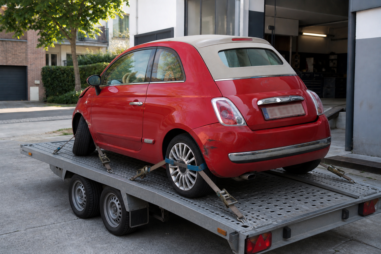 Fiat 500 rouge décapotable non roulante sur remorque