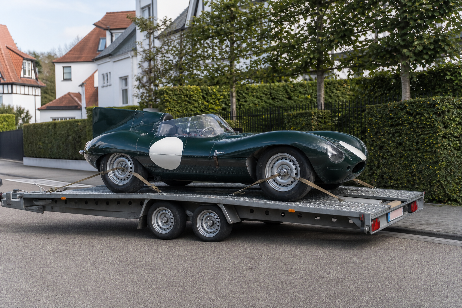 Jaguar Type D racing green sur remorque à Knokke-Le-Zoute